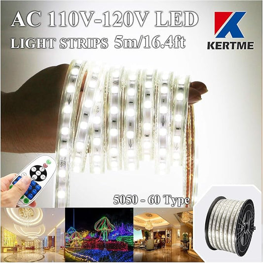 5050-60 Type AC 110-120V White LED Strip Lights, Flexible/Waterproof/Dimmable/Multi-Modes LED Rope Light + 23 Keys Remote for Home/Garden/Building Decoration (16.4ft/5m, White 6000K)
