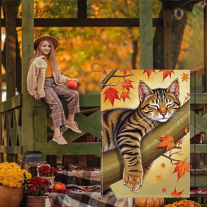 Fall Garden Flag Autumn Cat Garden Flag 12x18 inch Double Sided Fall Thanksgiving Maple Leaves Holiday Flags Decorations for Yard Outdoor Porch (Flay 1805)