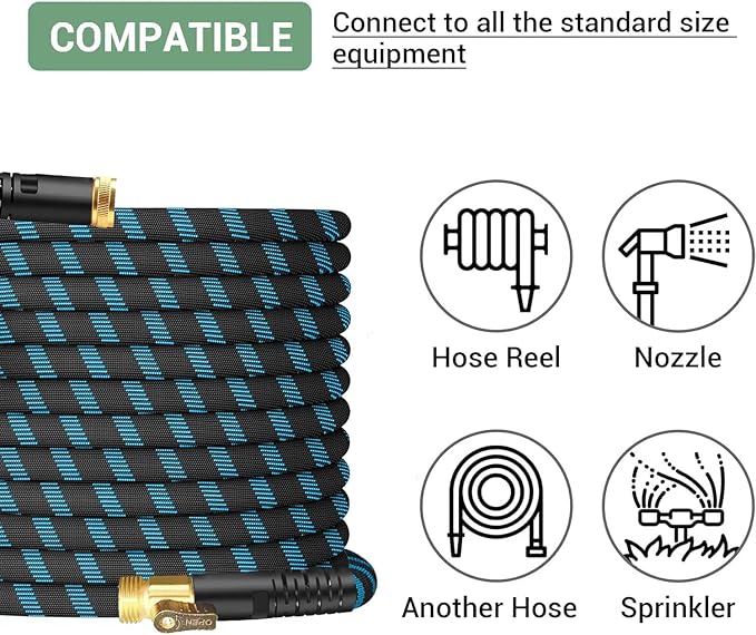150Ft Non-Expandable Garden Hose, Flexible Water Hose with 10-Pattern Spray Nozzle, Lightweight Hose Pipe, Kink-Free, Leak-Proof, 3/4" Solid Metal Fittings