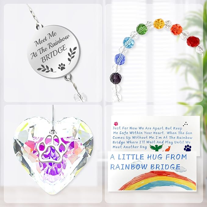 Pet Memorial Gifts for Dogs Rainbow Bridge Dog Memorial Gifts for Loss of Dog Rainbow Maker Heart-Shaped Crystal Suncatcher with Sympathy Card Dog Memorial Ornament Windows Hanging Decor