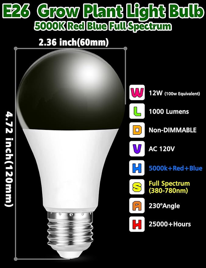 Red Blue 5000K LED Grow Light Bulbs Full Spectrum A19 Bulb, E26 12W Sun Grow Plant Light Bulbs 100w Equivalent, Plant Growing Lamp Bulbs for Flowers, Seed Starting, Indoor Growing, Greenhouse, 6pack