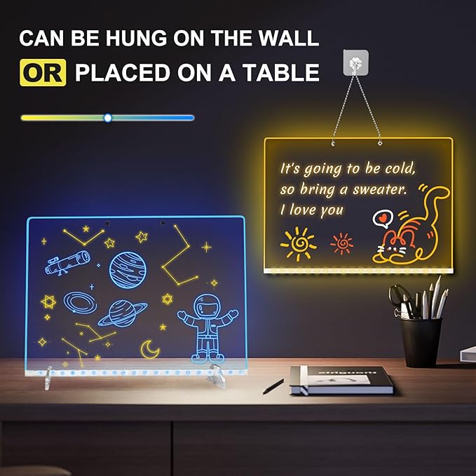 LED Note Board with Highlighters 2 Sets,Doodle Glow Drawing Board,13.7"X10" 6 Modes & 8 Colors, Led Drawing Board for Kids,Gift for Kids Ages 3+,Led Writing Board for Home/Office/Decor