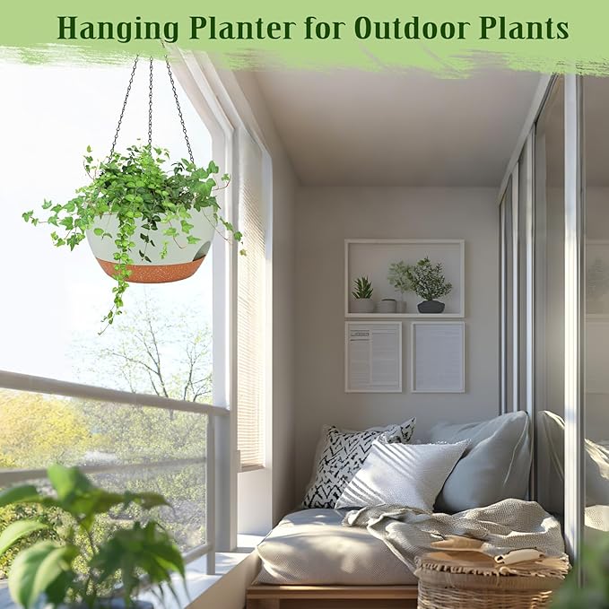 Hanging Planters for Outdoor Indoor Plants, 2 Pack 12 Inch Hanging Basket Plants Outdoor, Self Watering Hanging Planter with Plant Hanger for Garden Home Decoration (Green)