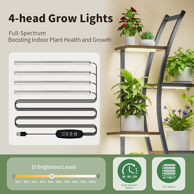 62" Tall Plant Stand with Grow Light Indoor, 7 Tiered Metal Plant Shelf Bookshelf, Curved Corner Flower Stand Display Storage Rack Holder for Living Room, Balcony Decor