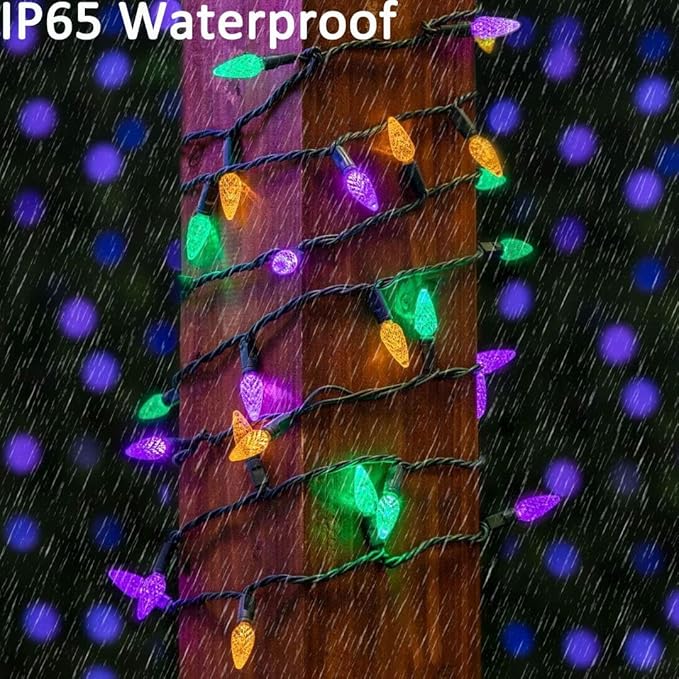 Solar Mardi Gras Lights - Yellow Green Purple Decor, 50 LEDs 8 Modes Waterproof Outdoor C6 Strawberry Garden for Camping, Holiday, Arbor, Fence, Balcony Decorations