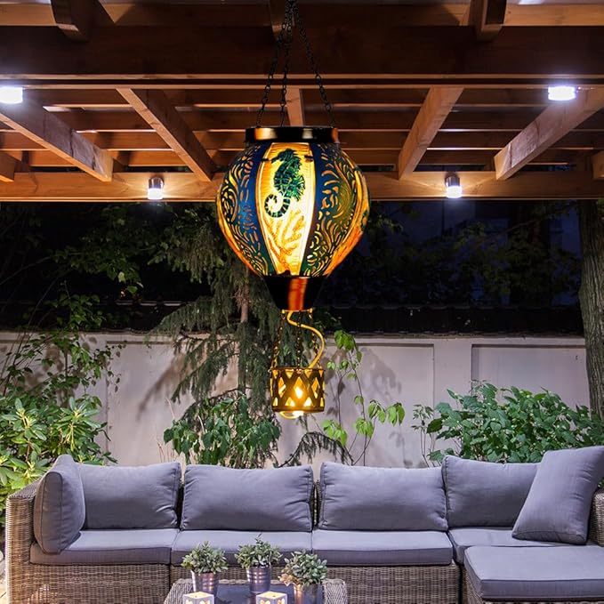 Seahorse Solar Hot Air Balloon Lantern with Flame Flickering Metal Hot Air Balloon Solar Lanterns Outdoor Waterproof Hanging Outdoor Lights for Yard,Patio,Garden Decor Birthday Gift for Women