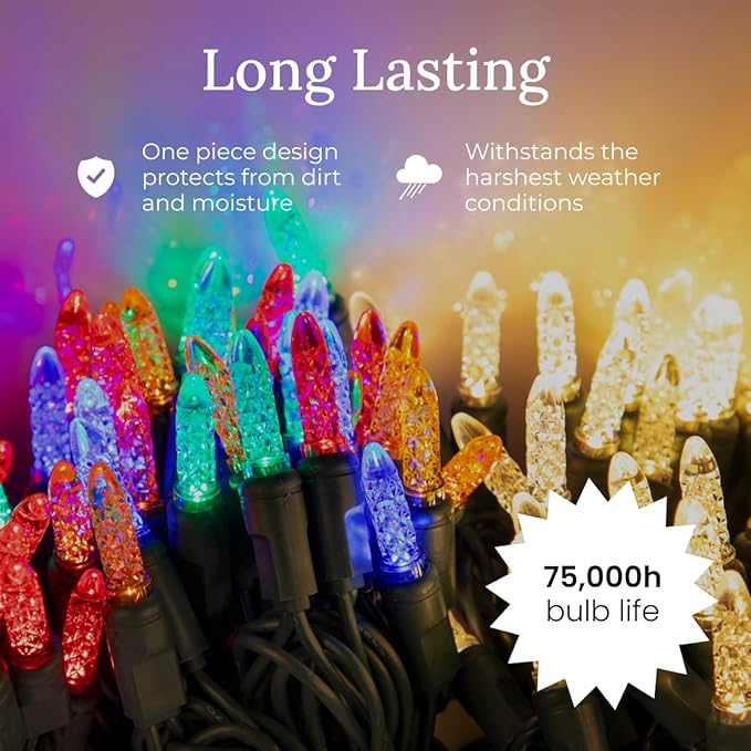 Pro Christmas M5 LED Holiday Lights - 70 Bulbs, 23.3ft - Professional Grade Indoor Outdoor Diamond Cut Sparkle Light Strings for Home Decorations and Christmas Trees - Multi Color