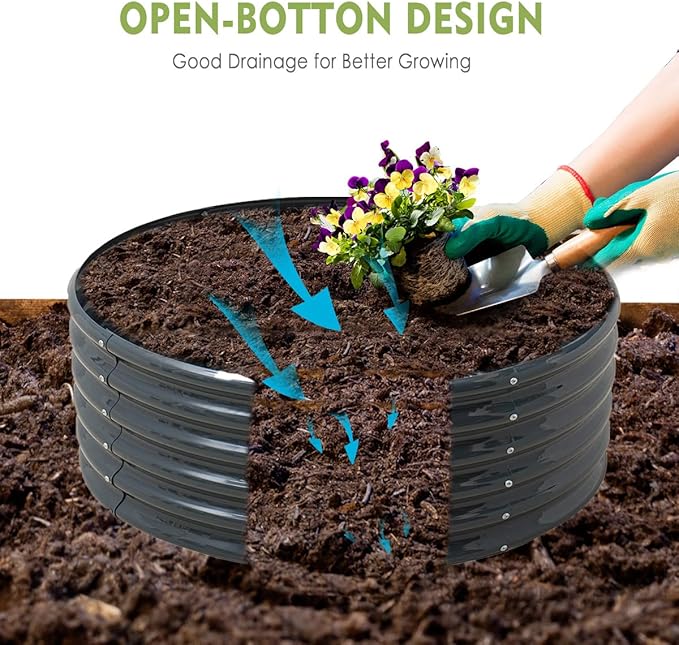 FORTUNO High Round Galvanized Raised Garden Bed Kit Box Dia 3 x H 1.5Ft (2 Pack) Metal Outdoor Flower Bed Steel Patio Ground Planter for Planting Vegetables and Herb, Dark Grey