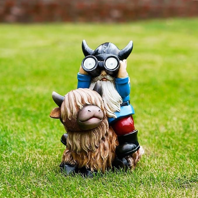 Tolimi Garden Gnome Sitting on Highland Cow Outdoor Statue wiht Solar LED Light Funny Decoration for Yard and Patio Gifts (Gnome)