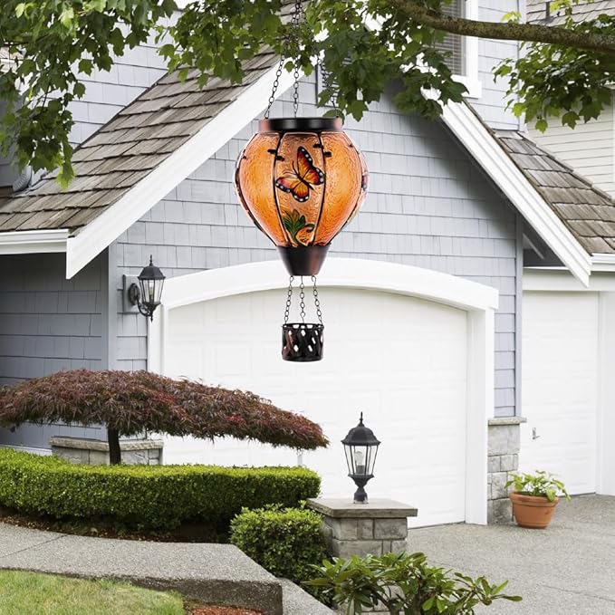 Starsoul Butterfly Hot Air Balloon Solar Lantern with Flickering Flame Light Glass Solar Powered Hot Air Balloon Lamp Waterproof Hanging Outdoor Solar Lantern for Yard Porch Backyard Decor