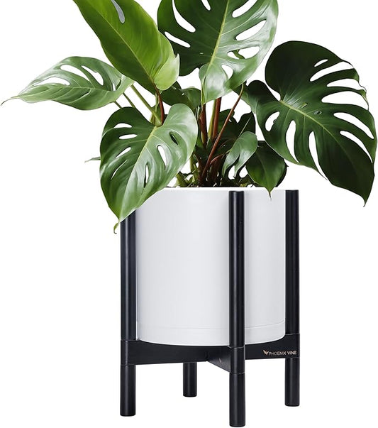 D'vine Dev Planter Pot with Stand - 12 Inch Plastic Cylinder Flower Pot with Wood Planter Holder for Indoor, Matte White Pot + Ebony Stand, 55-C-H-1