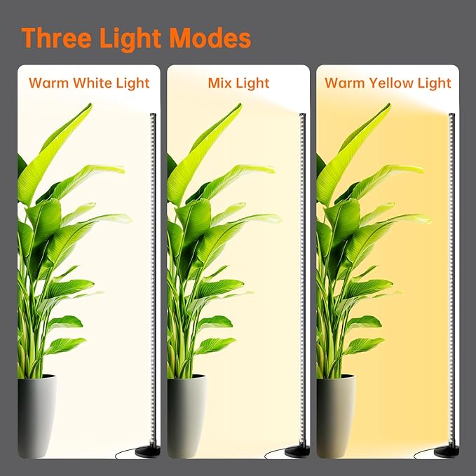 Standing Grow Lights for Indoor Plants,T10 Full Spectrum Vertical Grow Light Wide Illumination Area,16in-65in Adjustable Height Plant Light with Stand,3 Light Modes Floor Grow Light with Timer