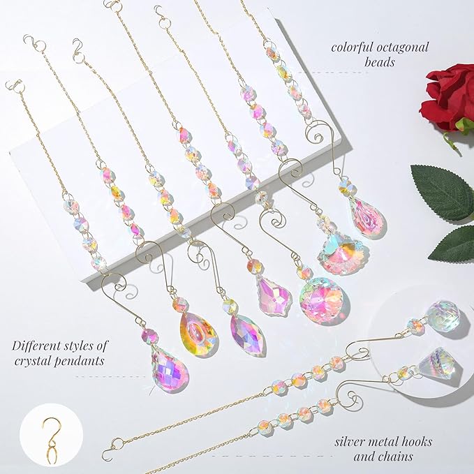 9 Pieces Sun Catchers Indoor Window Crystals Suncatchers for Windows Hanging Ornaments with Chain Colorful Prisms Rainbows Makers Pendants for Home Outdoor Garden Decoration