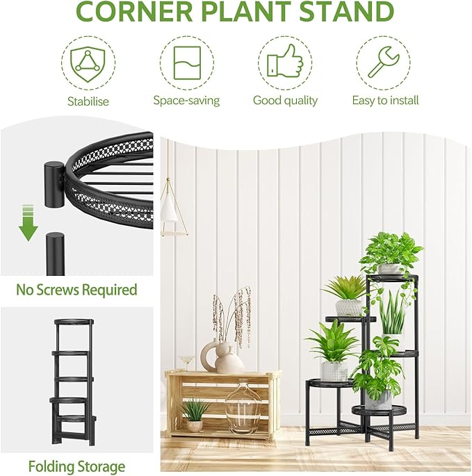 iDavosic.ly 5 Tier Large Plant Stand Indoor with 10 Inch Wide Tray, Tiered Corner Metal Outdoor Flower Display Holder Shelf, Folding Tall Rack for Patio Porch Balcony, Black Iron Carving