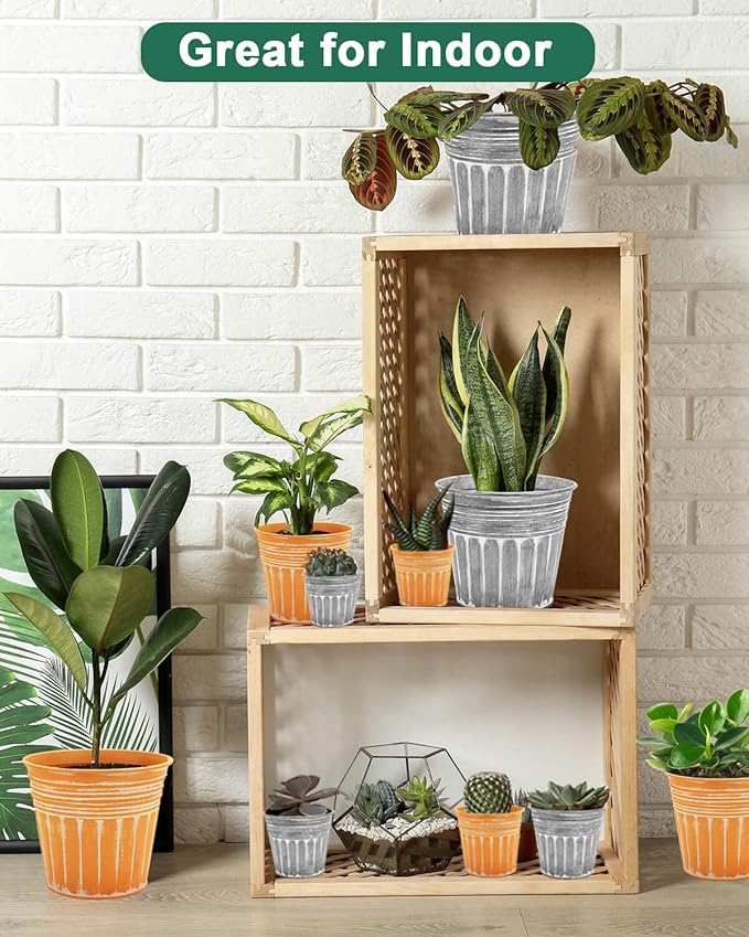 vensovo 5 Inches Orange Metal Rustic Flower Pots - 6 Pcs Small Galvanized Planters with Drainage Hole and Rubber Plug, Rustproof Tin Bucket Plant Pot Farmhouse Vintage Style for Decor