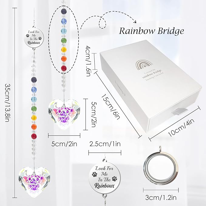 Pet Memorial Gifts for Dogs Rainbow Bridge Dog Memorial Gifts for Loss of Dog Rainbow Maker Heart-Shaped Crystal Suncatcher with Sympathy Card Dog Memorial Ornament Windows Hanging Decor