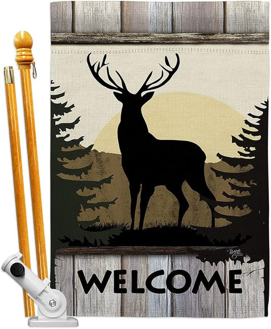Welcome Deer House Flag Set Animals Wildlife Outdoor Bear Wolf Pet Nature Farm Animal Creature Decorative Yard Banner Made In USA 28 X 40