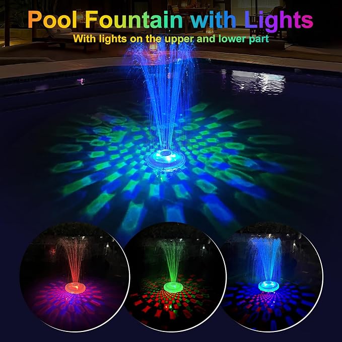Floating Pool Fountain with Underwater Light Show,Pool Water Fountain Rechargeable Battery Powered,2 Spray Modes Pool Fountain Pump for Inground Above Ground Pools-1PC