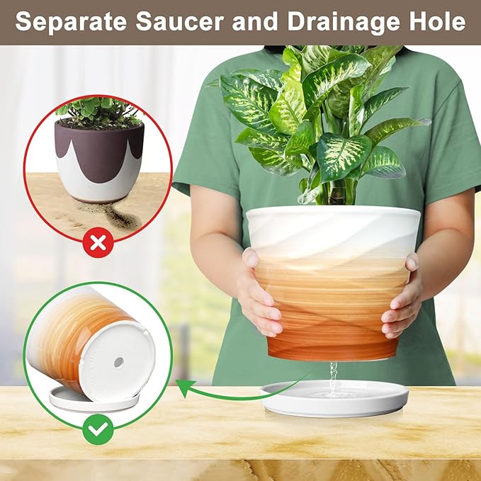 8 Inch Plant Pot, Ceramic Planter with Drainage and Saucer, Ceramic Pots for Plants, Indoor Plant pots,Ceramic Flower pots，Modern Planter(Khaki + White)