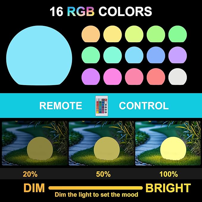 shumi Solar Ball Light-12inch LED Outdoor Table Lamp,16 RGB Colors and Dimmable Globe Light with Remote,Decor for Patio,Garden,Yard,Beach,Pathway,Nursery