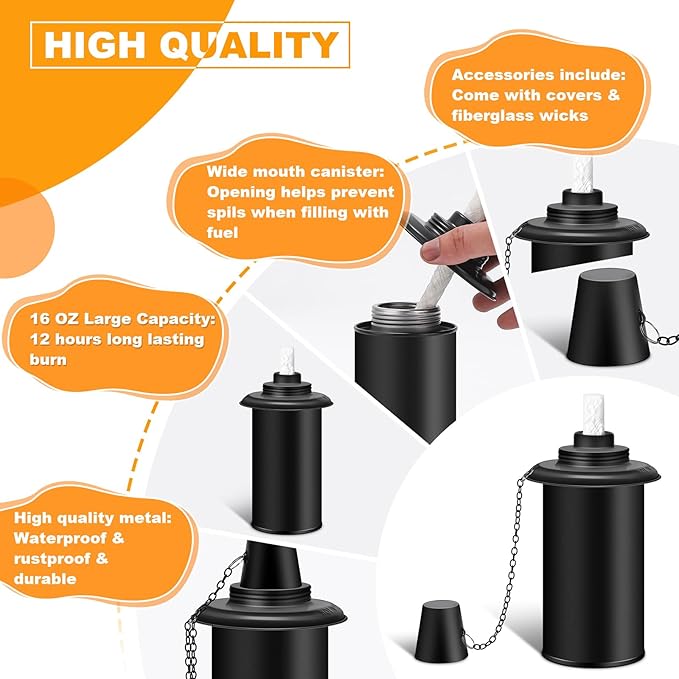 8 Pack Torch Canisters,16oz Replacement Torch Refillable Canisters with Wicks,Caps, Outdoor Citronella Fuel Torch Canister for Luau Party, DIY Garden Decor.