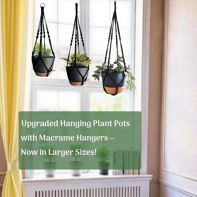 3 Pack Self Watering Hanging Planters Macrame Plant Hangers with Indoor Flower Pots 10" / 8" / 7", 3 Different Size Hanging Basket, Plant Hanger with Hooks for Garden Home Decor Black Large