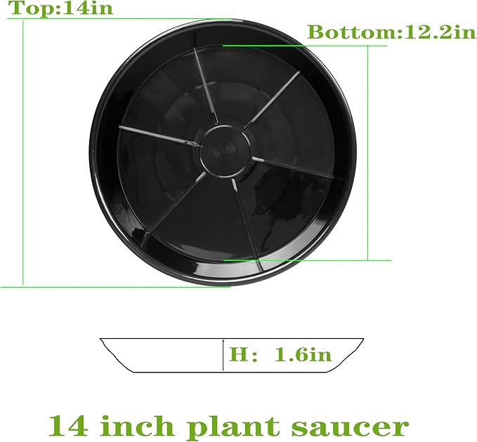 6 Pack Plant Saucer Drip Tray 14 inch, Large Plastic Plant Trays, Heavy Sturdy Plastic Planter Flower Pot Saucers for Indoor Outdoor Garden, Plant Water Drip Trays for pots (14", Black)