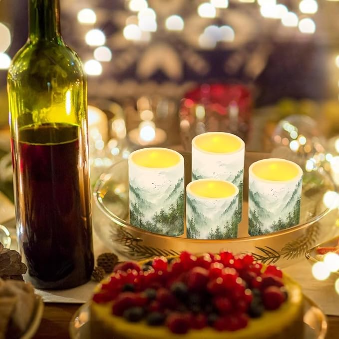 LED Flameless Candles Set Battery Operated Candles Pack of 4 with Remote Control Timer Dancing Flame Pillar Candles for Indoor Home Desktop Decoration, Mountain Tree Green