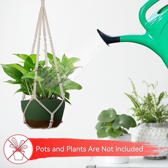 USLAI Macrame Plant Hanger Indoor Outdoor, Up to 4-15 inch Pot, Heavy 20lb Planters, Extra Long Strong Hanging Planter Basket, Boho Home Decor, 35 Inch, Ivory, Set of 2 (POTS NOT Included)