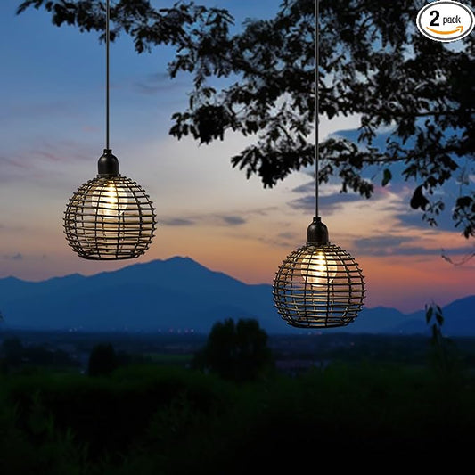 Hanging Solar Lantern Lights Waterproof, Outdoor Chandelier with G50 Warm White LED Bulbs, Black Rattan Globe Shades, Solar Decorative Lights for Patio Tree Pergola Gazebo Porch Garden-2Pack