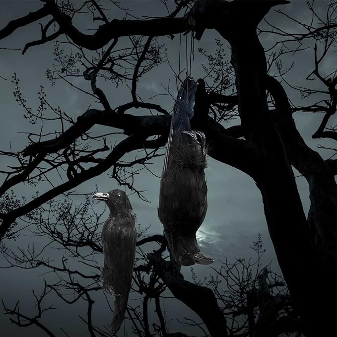 Lewtemi 1 Pcs 17 Inch Realistic Hanging Dead Crows Decoy Life Size Black Feathered Crow Fake Black Crows for Garden Decorations