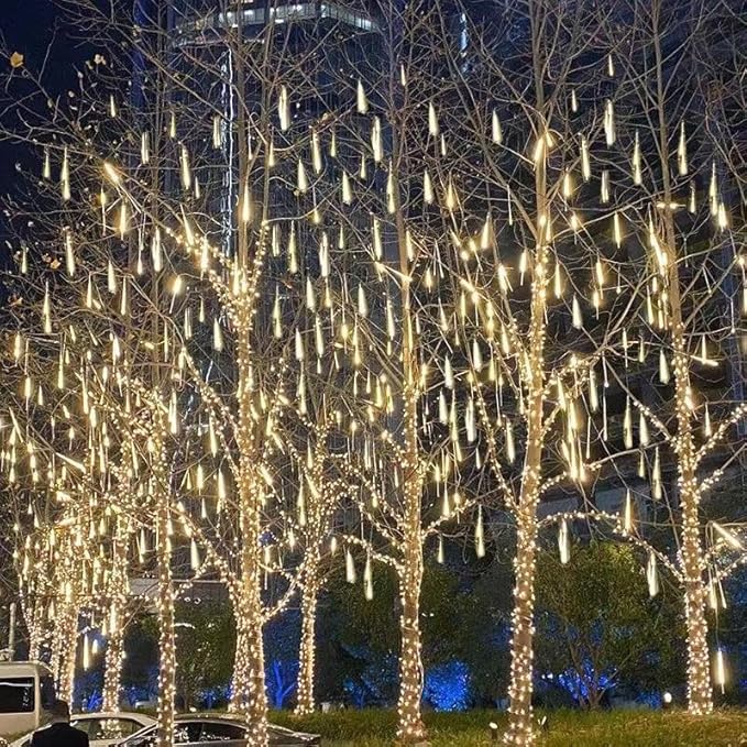 Solar Meteor Shower Lights Outdoor - 576 LED Rain Drop Lights with 16 Tubes, 16 Inches - Solar Powered Christmas Decorations for Tree Bushes Holiday Party Christmas Decor, Warm White