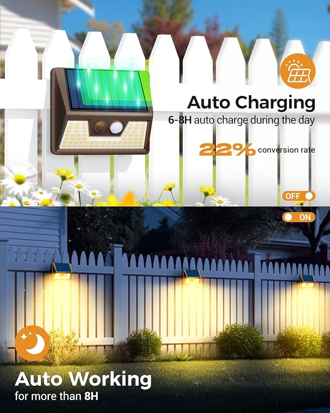 12 Pack Solar Motion Lights for Outside, Waterproof Fence Lights Outdoor, Warm White LED Wall Lights Wireless for Yard Steps Stairs Garden - Brown