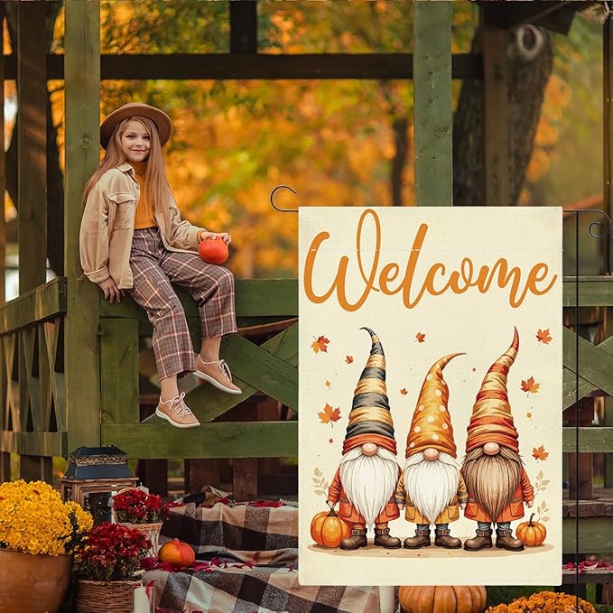 Welcome Fall Garden Flag Autumn Gnomes Garden Flag 12x18 inch Double Sided Fall Thankful Maple Leaves Flags Holiday Decorations for Yard Lawn Patio (Flay 1809)