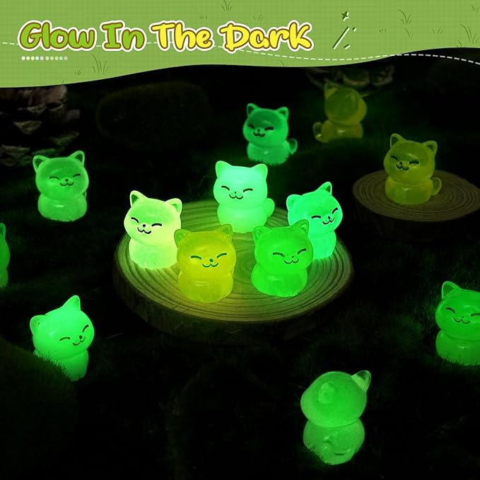 60Pcs Mini Cat Figurines Luminous Miniature Cute Resin Animals Glow in The Dark Tiny Cat to Hide Landscape Decoration Resin Figures DIY Accessories Ornament Craft Party Cake Topper