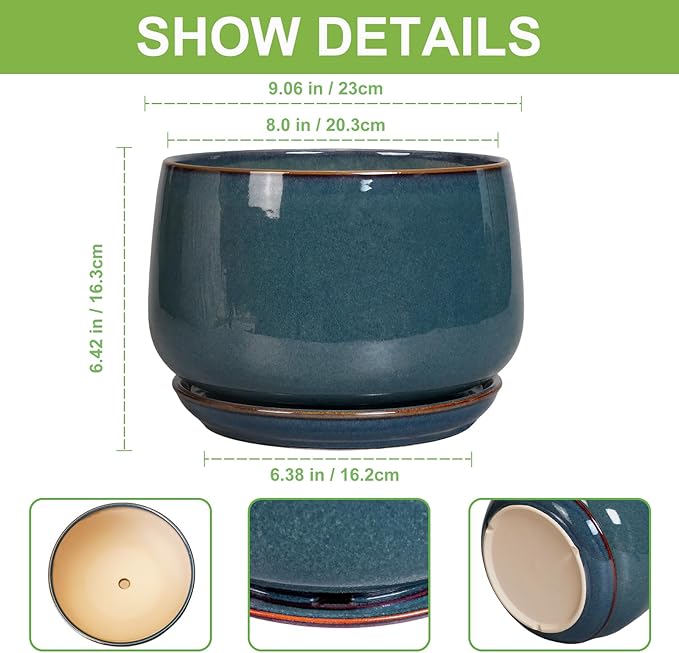 G EPGardening Ceramic Plant Pots - 9 Inch Round Modern Planter Indoor with Drainage and Tray for Indoor Outdoor Flower, Office Decor, Gardening Gifts, Retro Blue