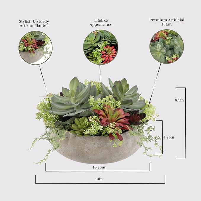 Round Faux Succulent Arrangement, 14" Premium Artificial Indoor Plant Enhances Interior Design, Display on Any Surface in Your Home Adding an Inviting Touch of Nature, Natural Planter Pot Included