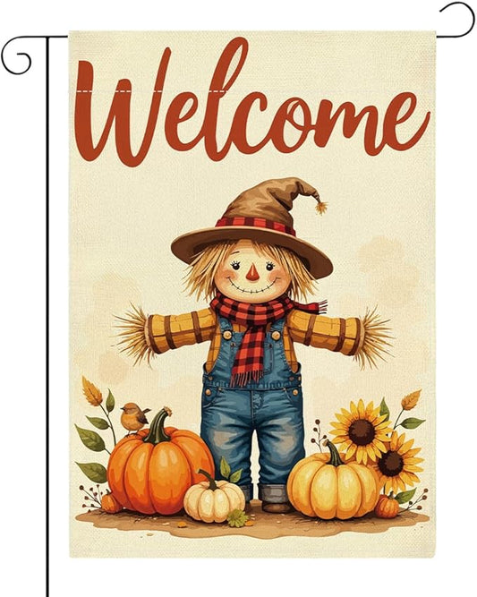 Fall Welcome Garden Flag Autumn Thanksgiving Scarecrow Garden Flag 12x18 inch Double Sided Fall Thankful Flags Holiday Decorations for Yard Lawn Patio (Flay 1810)