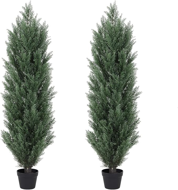 THE BLOOM TIMES 4ft Topiary Trees Artificial Outdoor 2 Pack – UV Resistant Faux Cedar Pine Cypress Bushes and Shrubs, Fake Potted Plants for Front Porch Outside Planter Patio Decor, Set of 2 (4 Foot)