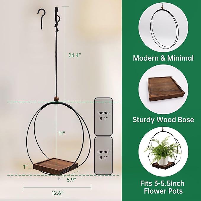 Hanging Planters for Indoor Plants, Black Plant Hanger Indoor with Sturdy Wood Base, Modern Boho Macrame Plant Hanger, Hanging Wall Ceiling Window Home Decor (Plants/Pots Not Included)