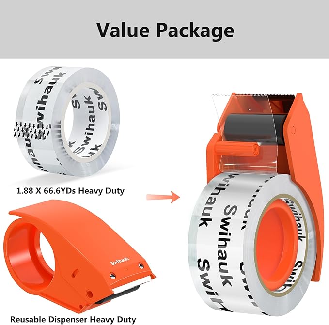 1.88 in x 66.6 YDs Clear Heavy Duty Packing Tape with Dispenser, Strong & Durable Shipping Tape, Packaging Tape, Packing Tape Dispenser Gun for Packing Boxes, Moving Supplies, Shipping and Mailing
