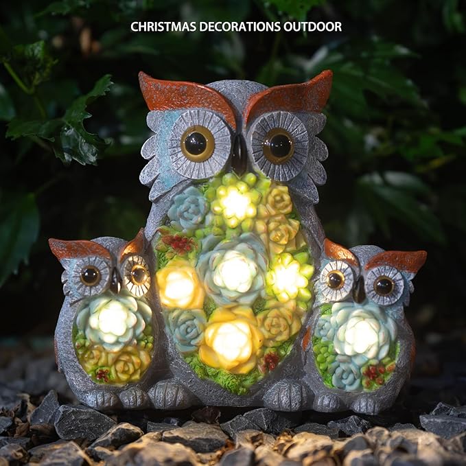 Solar Garden Statue Lights Owl Figurine with LED Lights, Outdoor Garden Succulent Ornaments Christmas Gift Waterproof Decoration for Outside Patio Yard Lawn Decor