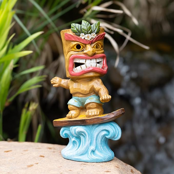 Solar Tiki Statue Outdoor Decor-Tiki Bar Decor-Garden Tiki Surfing Statues Waterproof Decoration Figurine for Tiki Bar,Patio,Balcony,Yard,Lawn,Table,Desk 9.92 Inches Tall