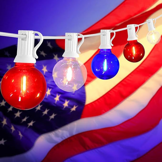 G40 LED Red White and Blue Lights, 27.8 FT 4th of July Lights Plug in with 25+3 Bulbs, Patriotic Decorations Outdoor String Light for Memorial Day Independence Day Patio Garden Backyard Bistro Decor