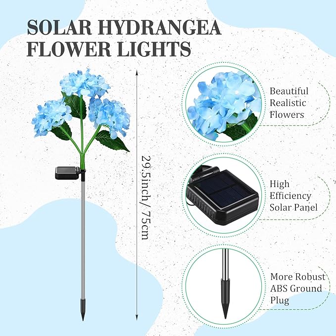 Treela 4 Pack Solar Lights Flowers Outdoor Waterproof Hydrangea Garden Stake Lights Realistic LED Flowers Powered Decorative Ground Solar Flower for Lawn Yard Backyard Decoration Gift(Blue)