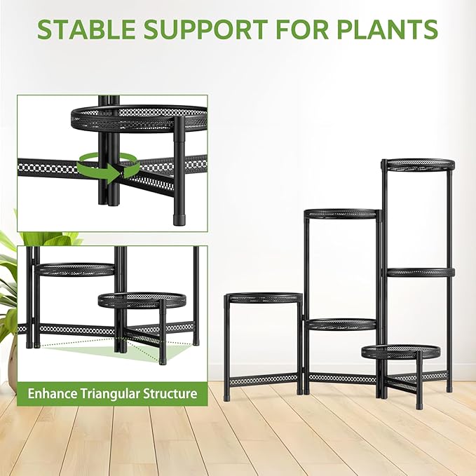 iDavosic.ly 6 Tier Large Plant Stand Indoor with 10 Inch Wide Tray, Tiered Corner Metal Outdoor Flower Display Holder Shelf, Folding Tall Rack for Patio Porch Balcony, Black Iron Carving