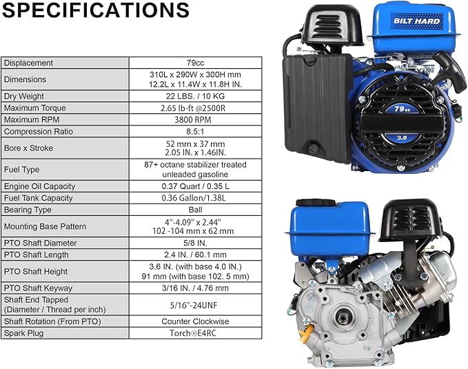 BILT HARD Gas Engine 79cc 2 HP, Gas Motor for Log Splitter, Pressure Washer and Water Pump, EPA & CARB Certified, 4 Stroke OHV Horizontal Shaft with Recoil Start