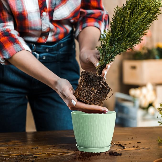 6 inch Plant pots, 12 Pack Modern Plastic Planters with Drainage Holes and Saucers for Repotting Indoor Plants and Flowers, Green