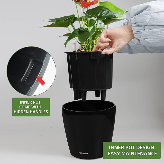 Dexceder 9x8 Inches High Gloss Self Watering Planter Indoor Outdoor, Inner Pot Design, Thickened Table Flower Plant Pot with Water Level Indicator (Black)
