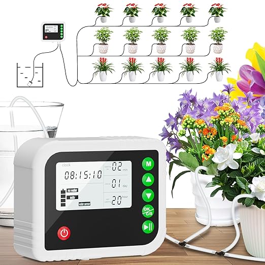 Automatic Plant Water Indoor, 15 Potted Plants Self Watering System, Automatic Drip Irrigation Kit Plant Watering Devices Programmable Water Timer, LED Display and Power Supply